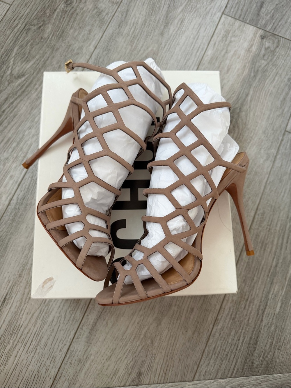 Dolce Vita Strappy Cage High Heel Sandals in Taupe